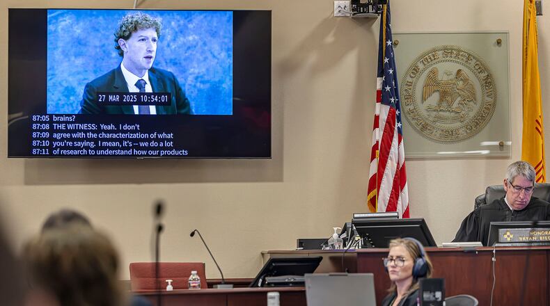 FILE - A recording of Meta Founder and CEO Mark Zuckerberg's deposition is played for the jurors on March 4, 2026, in Santa Fe, N.M. (Jim Weber/Santa Fe New Mexican via AP, Pool, File)