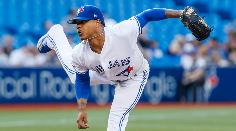 Toronto pitcher Marcus Stroman throws against the Cleveland Indians in the third inning July 24, 2019, at the Rogers Centre in Toronto.