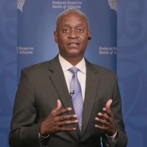 FILE - In this image taken from video, Atlanta Federal Reserve Bank President Raphael Bostic speaks from Atlanta during a webinar sponsored by the 12 regional Fed banks to address the lack of racial disparity in the field of economics, April 13, 2021. (AP Photo/File)