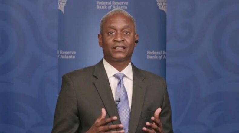 FILE - In this image taken from video, Atlanta Federal Reserve Bank President Raphael Bostic speaks from Atlanta during a webinar sponsored by the 12 regional Fed banks to address the lack of racial disparity in the field of economics, April 13, 2021. (AP Photo/File)