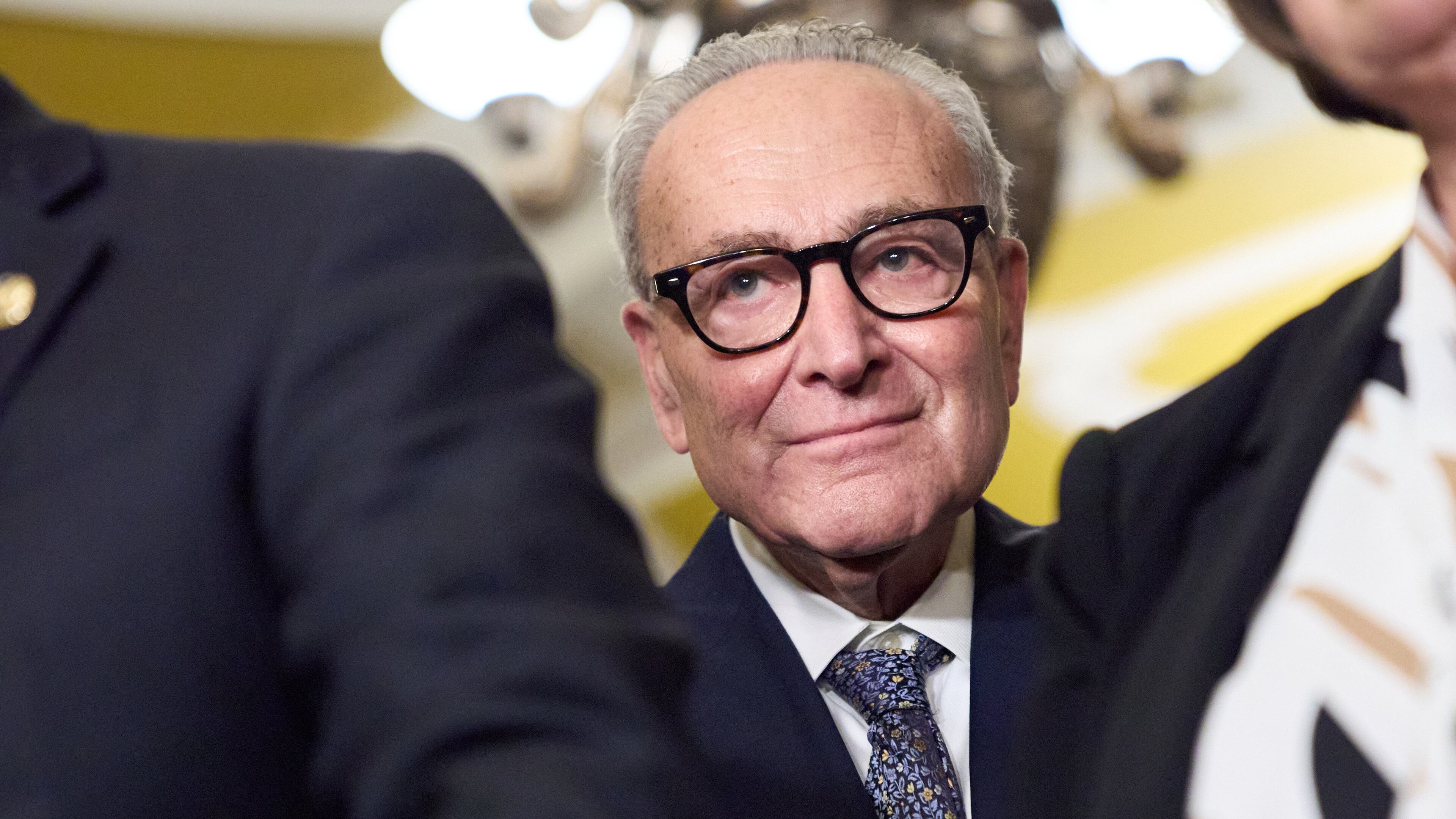 Senate Minority Leader Chuck Schumer, D-N.Y., center, attends a news conference with members of Democratic leadership about the looming government shutdown, Tuesday, Sept. 30, 2025, Washington. (AP Photo/Jacquelyn Martin)