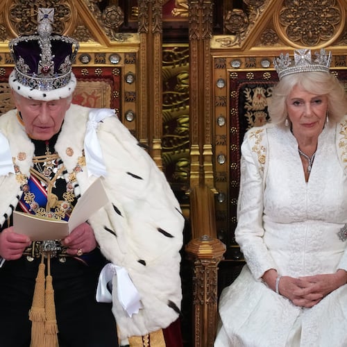 Britain's King Charles III speaks as he sits besides Queen Camilla during the State Opening of Parliament at the Palace of Westminster in London, Wednesday, May 13, 2026.(AP Photo/Kirsty Wigglesworth, Pool)