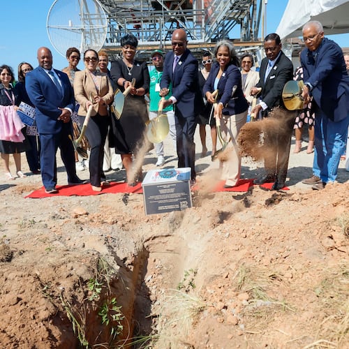 Airport and city leaders bury a time capsule on Stogner Hill at Hartsfield-Jackson Atlanta International Airport on Sep. 8, 2026. The event commemorates ATL’s 100th anniversary. (Miguel Martinez/AJC)
