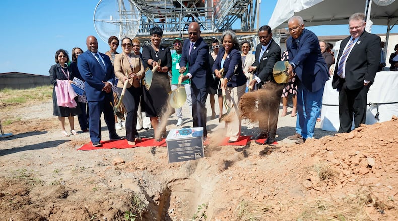 Airport and city leaders bury a time capsule on Stogner Hill at Hartsfield-Jackson Atlanta International Airport on Sep. 8, 2026. The event commemorates ATL’s 100th anniversary. (Miguel Martinez/AJC)