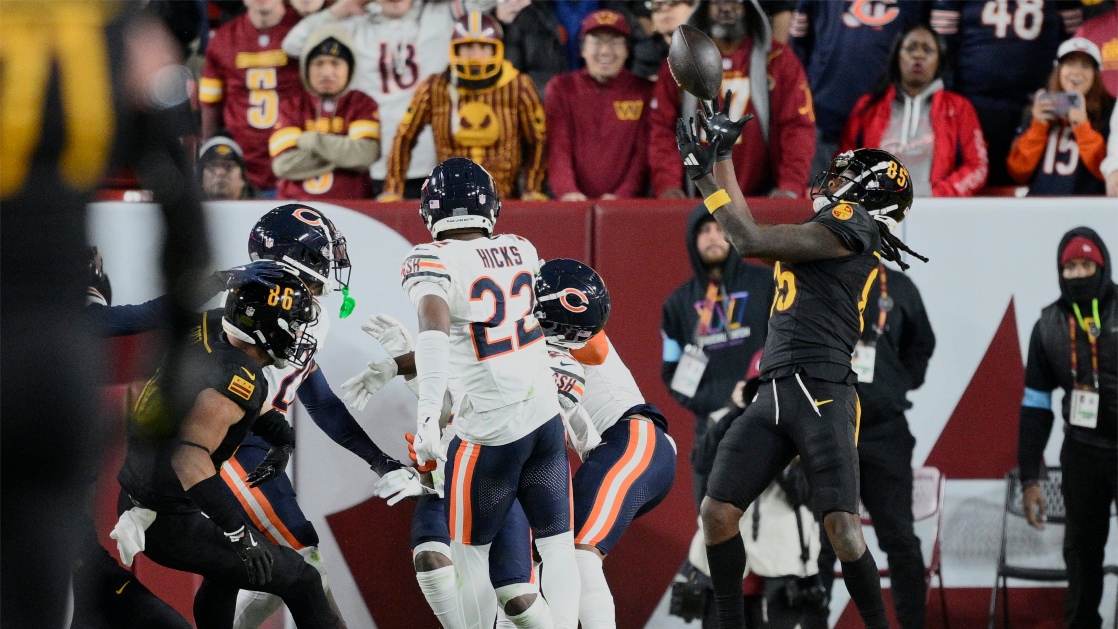 FILE - Washington Commanders wide receiver Noah Brown (85) catches a 52-yard touchdown pass in the end zone as time expires to give the Commanders an 18-15 win over the Chicago Bears in an NFL football game, Oct. 27, 2024, in Landover, Md. (AP Photo/Nick Wass, File)
