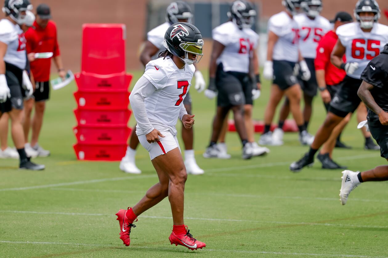 Running back Bijan Robinson during Atlanta Falcons practice, Monday, June 8, 2026, in Flowery Branch, Ga. (Erik S. Lesser for the AJC)