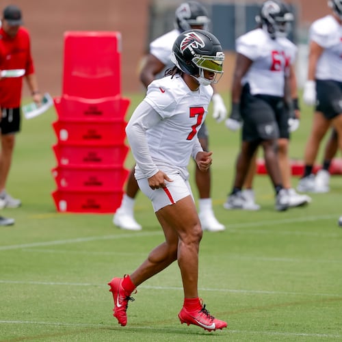 Running back Bijan Robinson during Atlanta Falcons practice, Monday, June 8, 2026, in Flowery Branch, Ga. (Erik S. Lesser for the AJC)