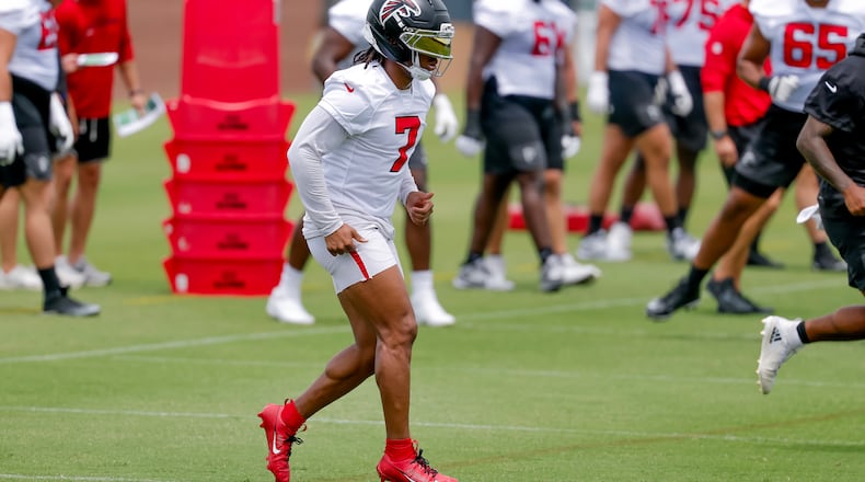 Running back Bijan Robinson during Atlanta Falcons practice, Monday, June 8, 2026, in Flowery Branch, Ga. (Erik S. Lesser for the AJC)