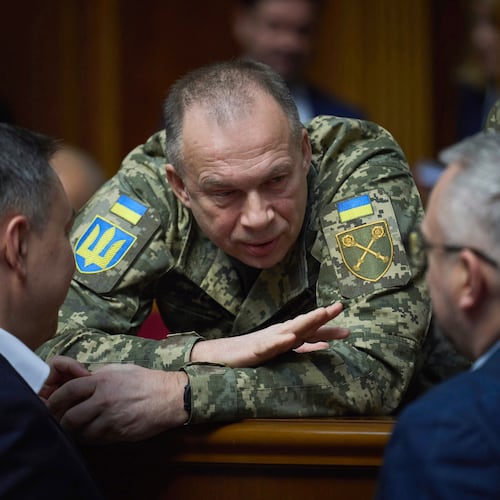 FILE - In this photo provided by the Press Service Of The President Of Ukraine on Nov. 19, 2024, Gen. Oleksandr Syrskyi speaks to parliamentarians at Verkhovna Rada in Kyiv, Ukraine. (Press Service Of The President Of Ukraine via AP, File)