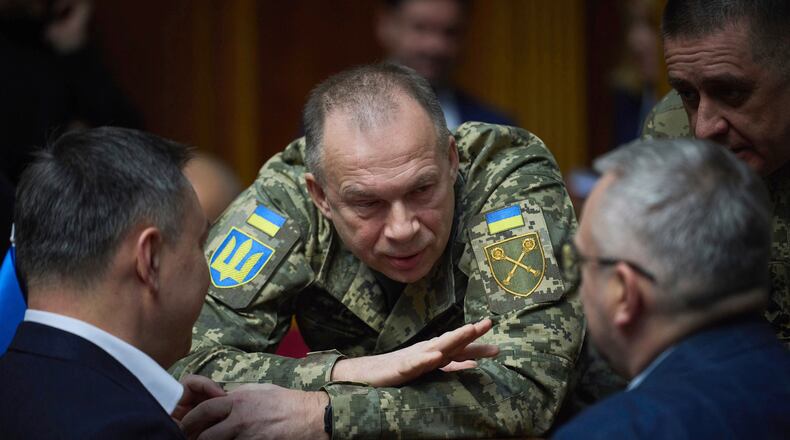 FILE - In this photo provided by the Press Service Of The President Of Ukraine on Nov. 19, 2024, Gen. Oleksandr Syrskyi speaks to parliamentarians at Verkhovna Rada in Kyiv, Ukraine. (Press Service Of The President Of Ukraine via AP, File)