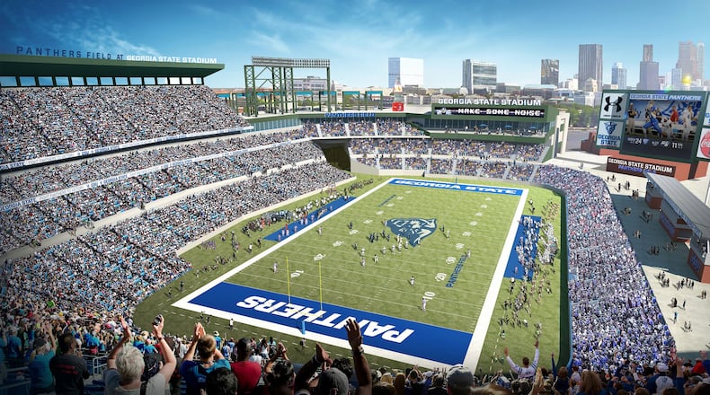 A rendering of Turner Field as a Georgia State Panthers football stadium, the cornerstone of a $300 million mixed-use development and southern extension of Georgia State’s campus. The stadium is slated for conversion into a football stadium with an initial capacity of 23,000 seats that could expand to 33,000. Source: Georgia State