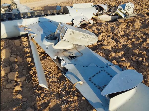 This picture released on Wednesday, June 18, 2025, by the Iranian armed forces claims to show an Israeli drone after being targeted in the central city of Isfahan area, Iran. (Iranian Armed Forces via AP)