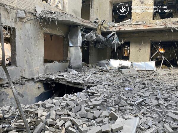 In this photo provided by the Ukrainian Parliament Commissioner for Human Rights Press Service, ruines of the regional human rights department building is seen following a Russia's missile attack that killed at least 20 civilians in Sumy, Ukraine, Sunday, April 13, 2025. (Ukrainian Parliament Commissioner for Human Rights Press Service via AP)