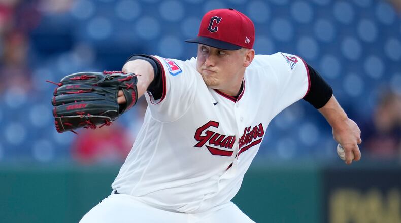 Cleveland Guardians' Parker Messick pitches in the first inning of a baseball game against the Baltimore Orioles in Cleveland, Thursday, April 16, 2026. (AP Photo/Sue Ogrocki)