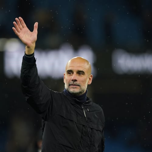 Manchester City's head coach Pep Guardiola greets fans at the end of the English Premier League soccer match between Manchester City and Crystal Palace in Manchester, England, Wednesday, May 13, 2026. (AP Photo/Ian Hodgson)