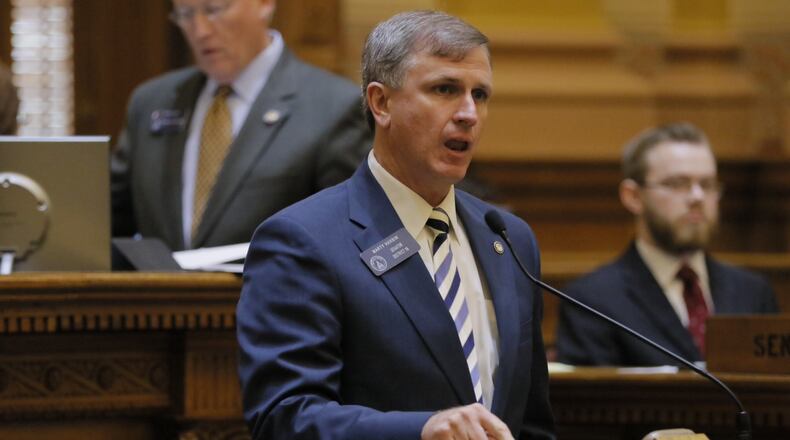 State Sen. Marty Harbin, R-Tyrone, during debate Wednesday in the Georgia Senate over Senate Bill 233, his ‘religious liberty’ bill. BOB ANDRES / BANDRES@AJC.COM
