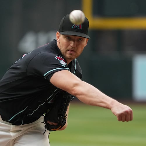 Diamondbacks pitcher Michael Soroka throws against the Braves in the first inning Saturday, April 4, 2026, in Phoenix. Soroka, a former Brave, allowed one run on four hits in five innings to get the win, and four Diamondbacks relievers threw a scoreless inning each to secure the victory. (Rick Scuteri/AP)