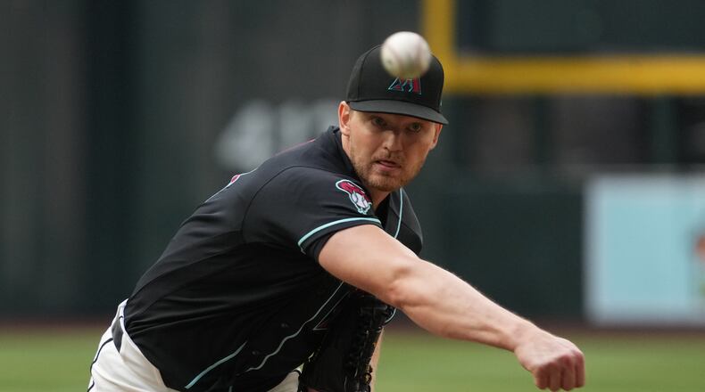 Diamondbacks pitcher Michael Soroka throws against the Braves in the first inning Saturday, April 4, 2026, in Phoenix. Soroka, a former Brave, allowed one run on four hits in five innings to get the win, and four Diamondbacks relievers threw a scoreless inning each to secure the victory. (Rick Scuteri/AP)