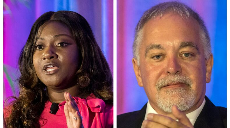 Democrat Alisha Thomas Searcy (left) is running against Republican incumbent Richard Woods (right) for Georgia school superintendent. (Stephen B. Morton for The Atlanta Journal-Constitution)