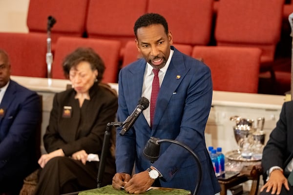 Atlanta Mayor Andre Dickens speaks to local leaders and members of the public inside of Big Bethel AME Church for a "Soul of Atlanta Coalition" rally. (Ben Hendren for the AJC 2025)