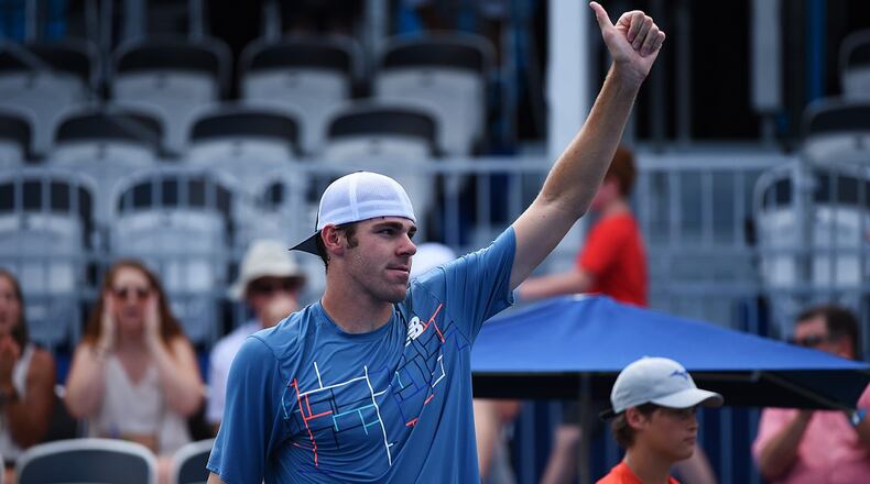 Reilly Opelka of the United States celebrates after defeating Daniel Evans of Great Britain during the BB&T Atlanta Open at Atlantic Station on July 26, 2019 in Atlanta. (Photo by Logan Riely/Getty Images)