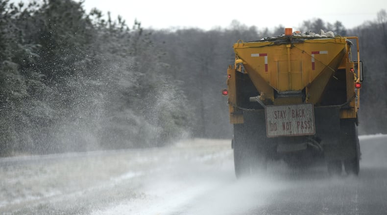 Salt becomes an especially valuable commodity when icy conditions are expected. But last-minute orders aren’t a sure thing. Many governments now order early. Last winter, a Georgia DOT truck spread gravel and salt on I-985 near Gainesville after sleet, freezing rain and snow fell across the metro area. HYOSUB SHIN / HSHIN@AJC.COM