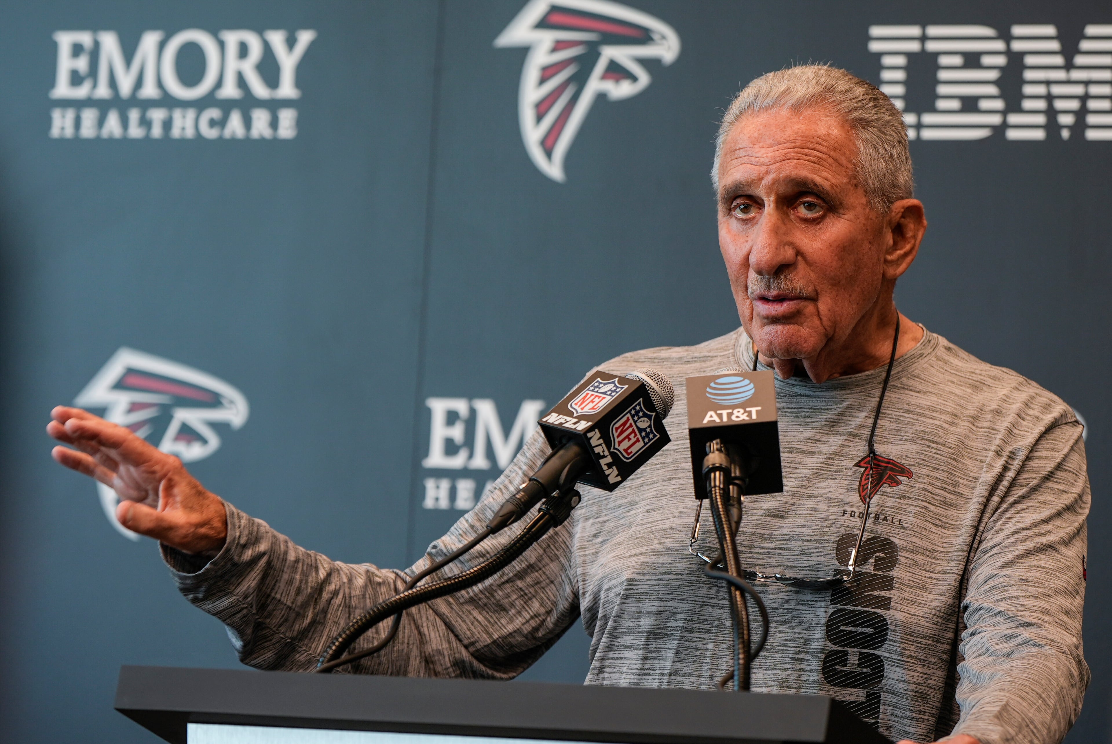 Atlanta Falcons Owner Arthur Blank speaks during a Atlanta Falcons training camp, Saturday, July 26, 2025, in Flowery Branch. (AP Photo/Mike Stewart)