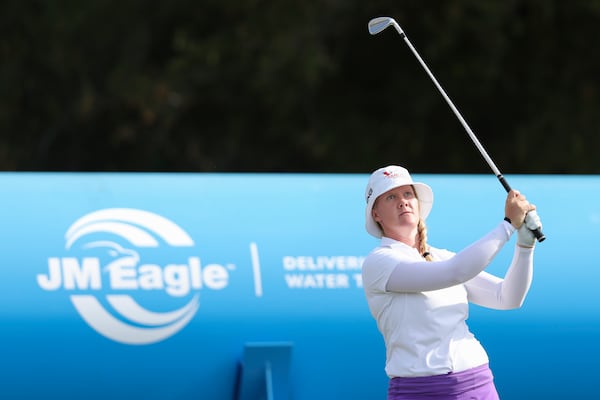 Ingrid Lindblad looks on after hitting from the fifteenth tee during the final round of the LPGA's JM Eagle LA Championship golf tournament at El Caballero Country Club Sunday, April 20, 2025, in Los Angeles. (AP Photo/Jessie Alcheh)