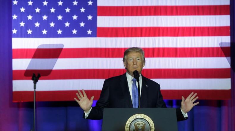 INDIANAPOLIS, IN - SEPTEMBER 27: U.S. President Donald Trump addresses supporters as he speaks at the Indiana State Fairgrounds & Event Center September 27, 2017 in Indianapolis, Indiana. Trump spoke about his Republican tax plan. (Joshua Lott/Getty Images)