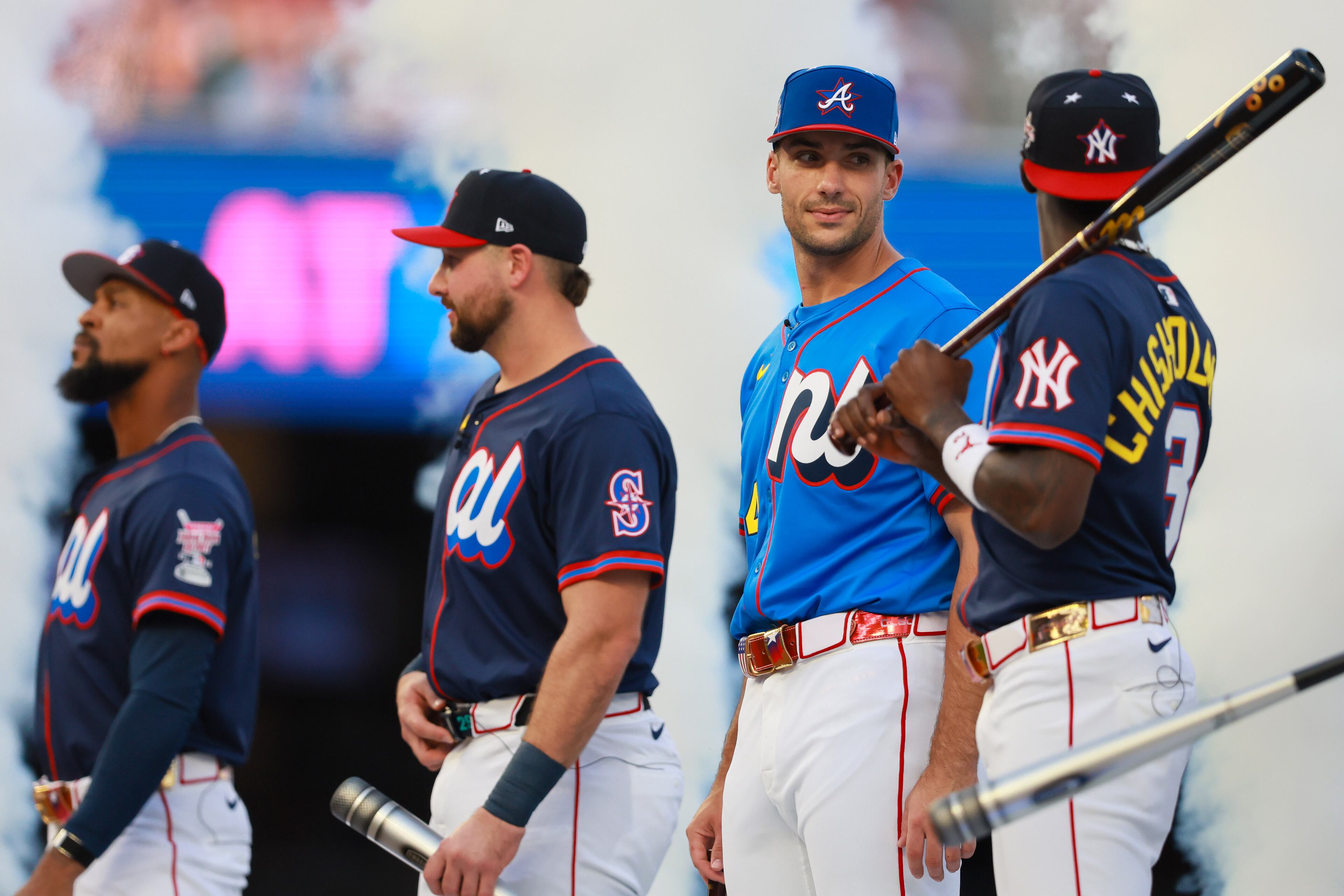 Atlanta Braves first baseman Matt Olson (C) with Seattle Mariners catcher Cal Raleigh and New York Yankees center fielder Jazz Chisholm Jr. during introductions for the MLB Home Run Derby as part of the All-Star Game festivities on Monday, July 14, 2025 at Truist Park in Atlanta. Jason Getz / AJC