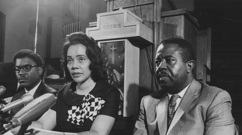 Reverend Ralph D. Abernathy, right; Coretta Scott King in center, man on left is not identified. (Noel Davis/AJC staff) 1968