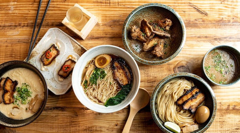 Okiboru Tonkotsu Ramen, Chashu Wrap, Okiboru Truffle Chintan Ramen, Tebasaki, and Okiboru Buta Paitan with Gyokai Tsukemen. Photo credit- Mia Yakel.