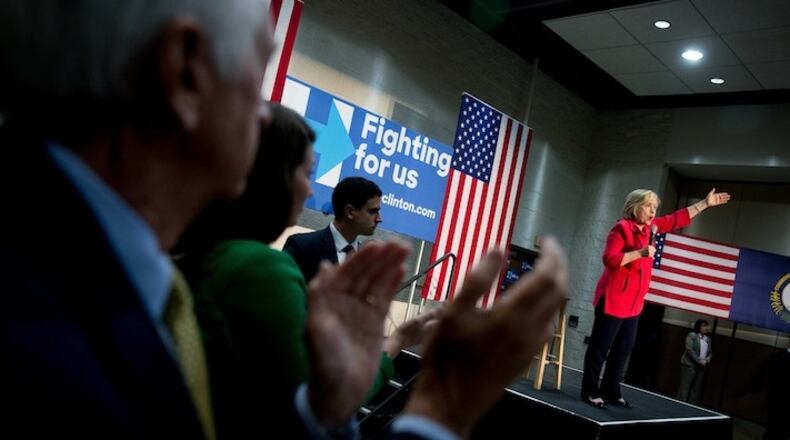 Democratic presidential candidate Hillary Clinton speaks at a get out the vote event at James E. Bruce Convention Center in Hopkinsville, Ky., Monday, May 16, 2016. (AP Photo/Andrew Harnik)