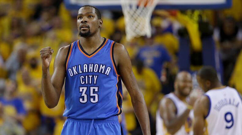 Forward Kevin Durant may have played his final game with the Oklahoma City Thunder Monday night as he officially will become an unrestricted free agent soon. (AP photo)