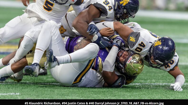 Darryl Johnson (40) getting after Alcorn State's quarterback in the Celebration Bowl at Mercedes-Benz Stadium on Saturday, December 15, 2018. North Carolina A&T won 24-22 over the Alcorn State. (Photo by N.C. A&T Sports Information)