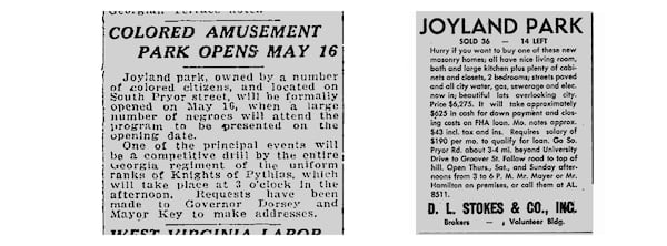 Left: An Atlanta Constitution article from 1921 reports on the opening of the Joyland amusement park. (AJC archive) Right: An advertisement from 1951 in the Atlanta Daily World sells homes in the new subdivision being built on the land. (Courtesy of Atlanta Daily World)