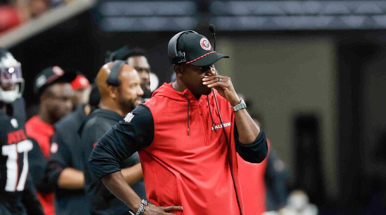 Atlanta Falcons head coach Raheem Morris reacts after Pittsburg Steelers sack Falcons quarterback Kirk Cousins during the second half of an NFL football game against the Pittsburgh Steelers on Sunday, Sept. 8, at Mercedes-Benz Stadium in Atlanta. 
(Miguel Martinez/ AJC)