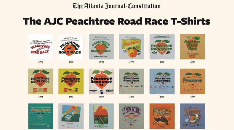 The Atlanta Journal-Constitution's exclusive keepsake poster celebrates five decades of Peachtree Road Race T-shirts.