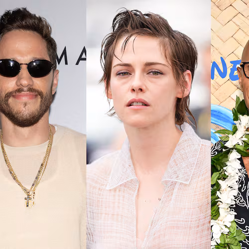 Among the actors in Atlanta or coming soon to Atlanta in August 2026 for productions include (l-r) Pete Davidson for "Tommy Karate," Kristen Stewart for "The Challenger" and Dwayne "The Rock" Johnson for "Lizard Music." (The Associated Press file photos)