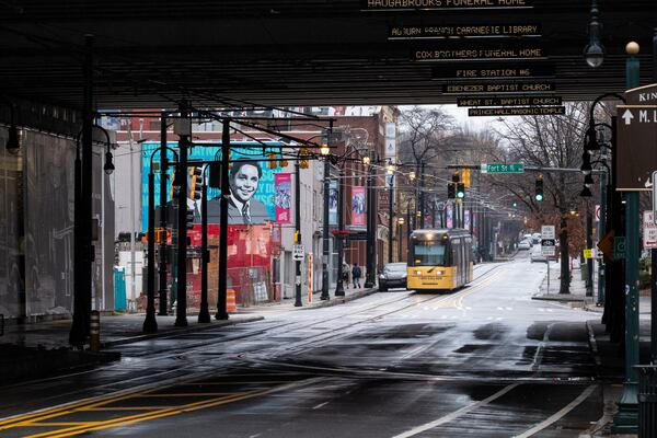 The Atlanta Streetcar approaches the Auburn Avenue underpass. (Ben Gray for the AJC)