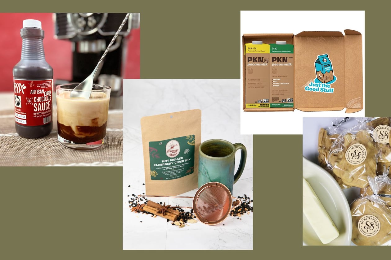 A selection of Southern products to try in October include single-origin dark chocolate sauce (from left), hot mulled elderberry cider mix, pecan milk and pralines. (Photos courtesy of Loren Hernandez/Kyya Chocolate; My Elderberry Fairy; PKN; James McClain/Secretly Sweet)
