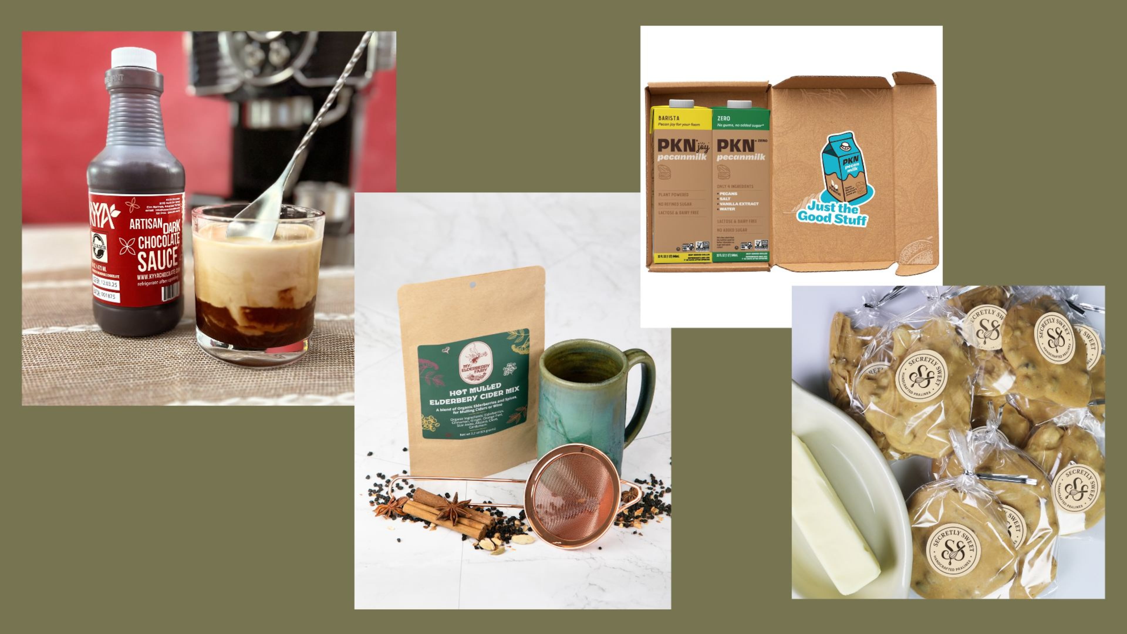 A selection of Southern products to try in October include single-origin dark chocolate sauce (from left), hot mulled elderberry cider mix, pecan milk and pralines. (Photos courtesy of Loren Hernandez/Kyya Chocolate; My Elderberry Fairy; PKN; James McClain/Secretly Sweet)