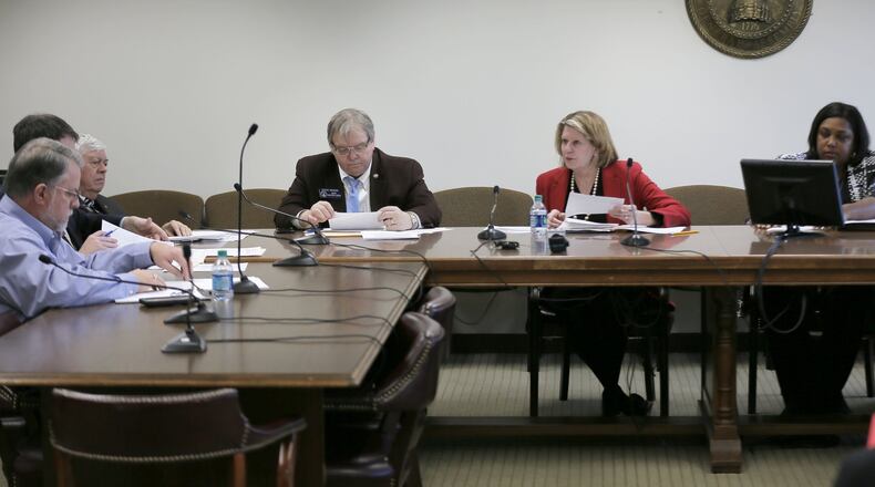 Georgia House Speaker Pro Tem Jan Jones (second from right) led Thursday’s first meeting of the Subcommittee on Harassment & Conduct, which is reviewing the Georgia General Assembly’s sexual harassment policies. The subcommittee could produce stricter rules, training and reporting requirements. BOB ANDRES /BANDRES@AJC.COM