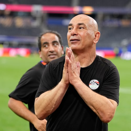 Egypt head coach Hossam Hassan reacts after winning a penalty shootout against Australia for the World Cup round of 32 soccer match in Arlington, Texas, near Dallas, Friday, July 3, 2026. (AP Photo/Tony Gutierrez)