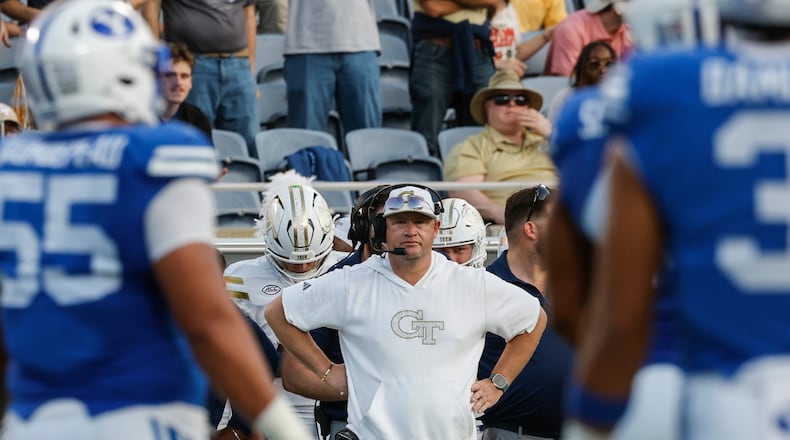 Georgia Tech head coach Brent Key watches his team playing against BYU during the first half of the Pop-Tarts Bowl NCAA college football game, Saturday, Dec. 27, 2025, in Orlando, Fla. (Kevin Kolczynski/AP)