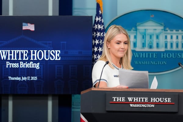 White House press secretary Karoline Leavitt arrives to speak with reporters in the James Brady Press Briefing Room at the White House, Thursday, July 17, 2025, in Washington. (AP Photo/Alex Brandon)