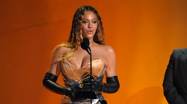 Beyonce accepts the award for best dance/electronic music album for "Renaissance" at the 65th annual Grammy Awards on Sunday, Feb. 5, 2023, in Los Angeles. (AP Photo/Chris Pizzello)