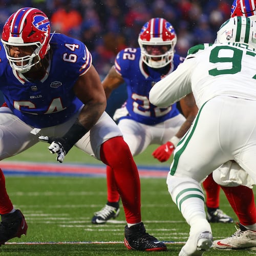 FILE - Buffalo Bills guard O'Cyrus Torrence (64) blocks during the first half of an NFL football game against the New York Jets in Orchard Park, N.Y., Sunday Jan. 4, 2026. (AP Photo/ Jeffrey T. Barnes, File)