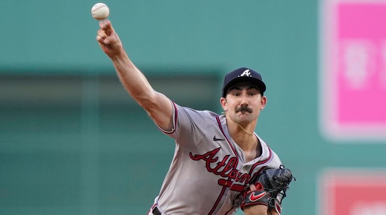 Atlanta Braves' Spencer Strider delivers a pitch to a Boston Red Sox batter in the first inning of a baseball game, Wednesday, July 26, 2023, in Boston. (AP Photo/Steven Senne)