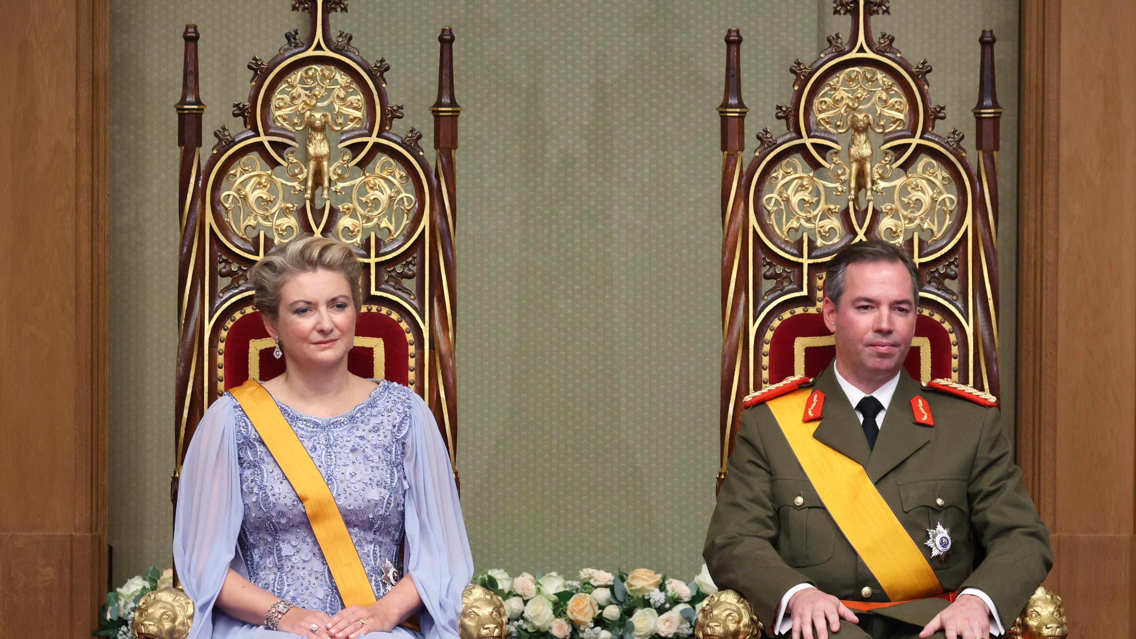 Luxembourg's Grand Duke Guillaume, right, and Luxembourg's Grand Duchess Stephanie during a swearing-in ceremony in the session hall of the Chamber of Deputies in Luxembourg, Friday, Oct. 3, 2025. (AP Photo/Omar Havana)